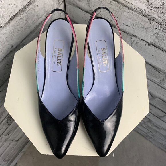 Bally Vintage Pointy Toe Sling Back Patent Black Leather Colour Block Pump - Picture 4 of 7